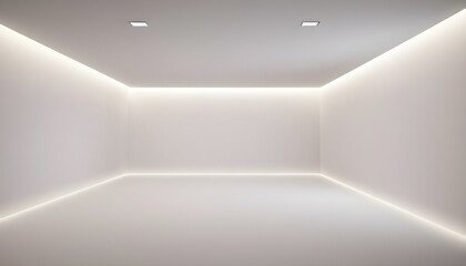 Empty white room, led strip lights perimetral on the ceiling and floor