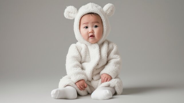 Beautiful Asian baby boy five month old, sitting on the floor and Wearing a little sheep suit