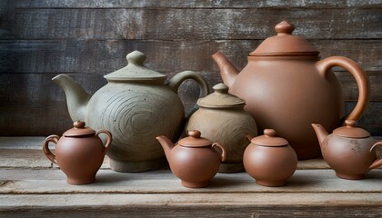 Fototapeta na wymiar clay pots.an immersive 3D wallpaper with a curated collection of large clay ceramic teapots set against a wooden background. Aim for a composition that evokes the tranquility and artistry of a tea cer