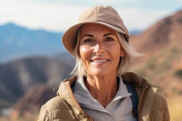 Portrait of smiling senior woman in hat and jacket looking at camera in mountains