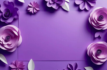 paper flowers on a purple background with a frame and copy space, top view. Generative AI