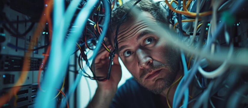 An IT support engineer fixing network issues in the server room with cables and hardware for cybersecurity glitches or software solutions, while a stressed man deals with doubt.