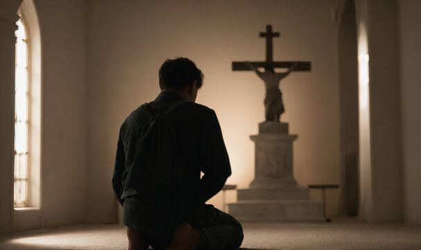 silhouette of man and bare feet on knees in church praying to god jesus, white blue light in background,cross, generative AI