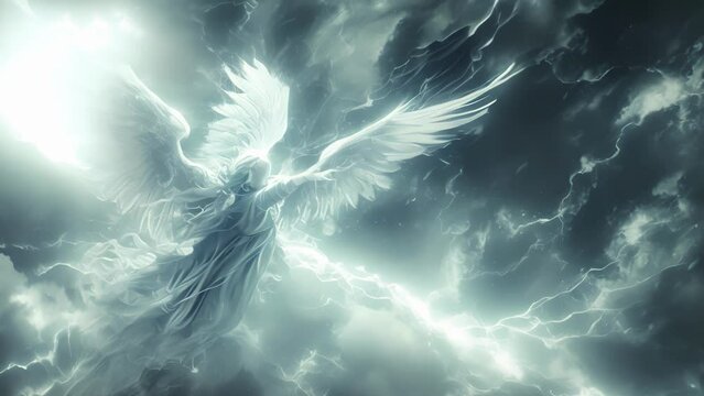 A tempest a fierce and mighty storm angel commands the elements with lightning and thunder invoking awe and reverence for the power of nature.