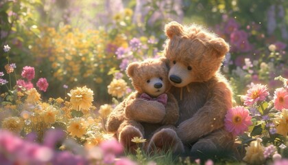 A realistic snapshot of teddy bears sharing a heartfelt moment in a sunlit garden, surrounded by blooming flowers