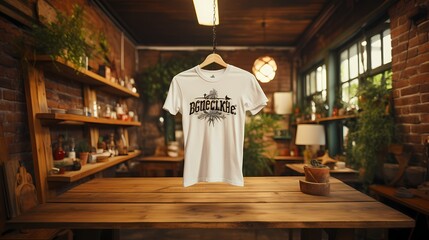A high-quality shot of a vintage-style T-shirt mockup hanging on a rustic wooden hanger, blending retro and contemporary aesthetics