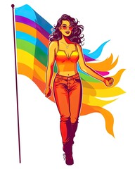 portrait of a woman with LGBTQ+ flag, LGBTQ+ colors, pride month, colorful, rainbow