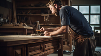 Amish woodworking carpenter, building a rocking chair in his workshop