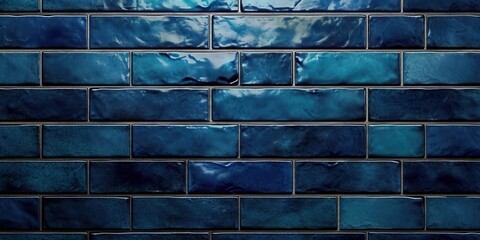 Dark blue brick subway tiles ceramic wall texture wide tile background banner panorama, Generative AI 
