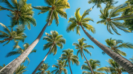 A breathtaking view looking upward at towering palm trees set against a pristine blue sky