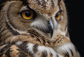 An Eurasian Eagle Owl staring at something out of shot in a woodland setting.