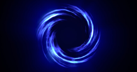 Looped twirl circle of stripes and lines of bright blue beautiful magical energy glowing neon, round frame. Abstract background
