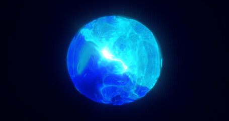 Energy abstract blue sphere of glowing liquid plasma, electric magic round energy ball background