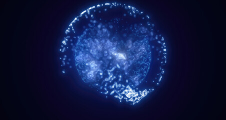 Blue energy magic circle, sphere, ball made of futuristic waves and lines of particles of atomic energy and electricity force field. Abstract background