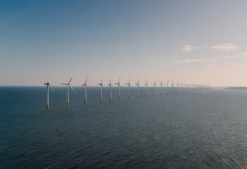 Obraz premium offshore wind farm at dusk, renewable energy background