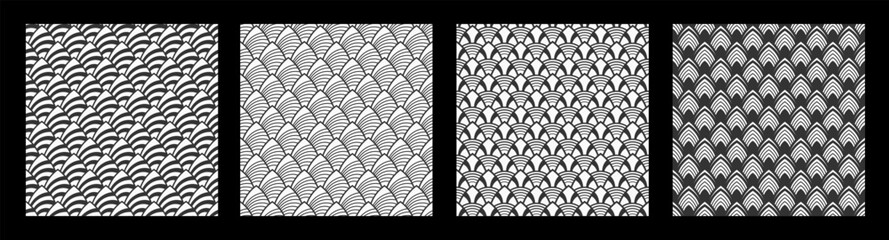 Set of four fish, dragon, snake scales seamless vector patterns. Repeated black curves, geometric shapes, isolated on white background. Regular vector ornaments. Black and white vector patterns.