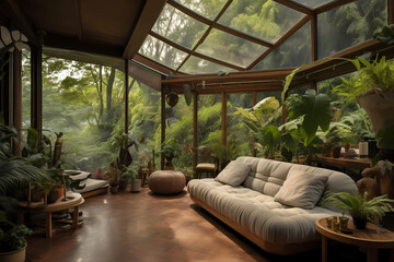 Ecological house with indoor plants in tropical climate. Living room with sofa and large windows, surrounded by tropical forest and jungle. Relaxed calm atmosphere, reconnection with nature - obrazy, fototapety, plakaty