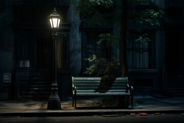 Fototapeta na wymiar Captivating cinematic ambiance: a black bench, a lit lamp, and a dark building, evoke a dramatic scene in this atmospheric urban set.