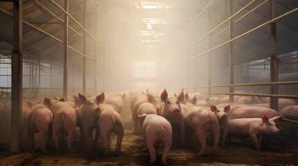 A lot of pigs and piglets are eating, standing and lying in a pig farm. Meat industry, pet concepts.