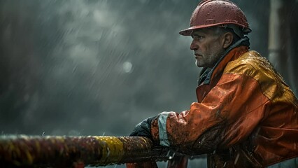 A portrait of an oil rig worker in the midst of a storm, his protective rain gear and grip on a railing highlighting the challenging conditions he works in.
