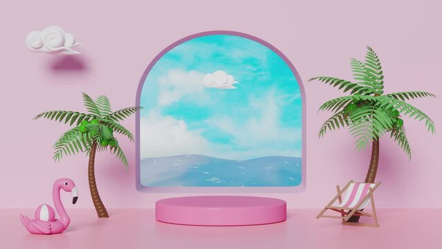 3d pink cylinder stage podium empty with flamingo, palm tree, beach chair, cloud, sea blue sky background. abstract geometric cosmetic showcase pedestal, 3d render illustration