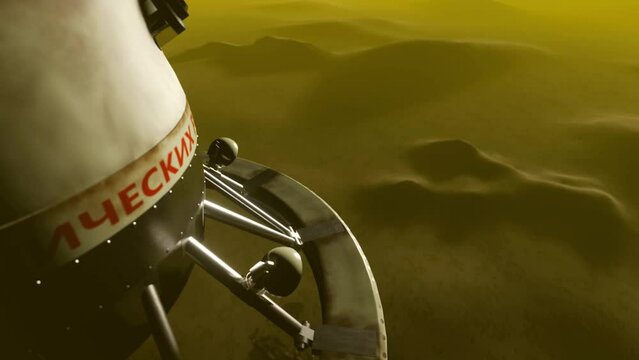 3D Animation showing the Venera 9 space probe onboard perspective landing on Venus