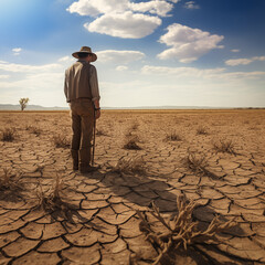 farmer looks at the soil from the drought