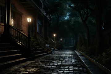 Foto op Canvas Explore a gothic revival night scene with a brick stone walkway, cinematic sets, and dark teal ambiance—a mesmerizing blend of New York School, 32K UHD, and Goblin Academia. © Miracle Arts