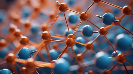 Close up of a molecule structure with blue and orange balls. Generative AI.