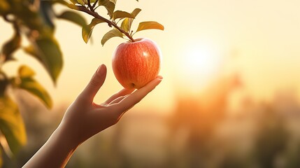 Woman's hand holding a red apple. picking apples in the garden - obrazy, fototapety, plakaty