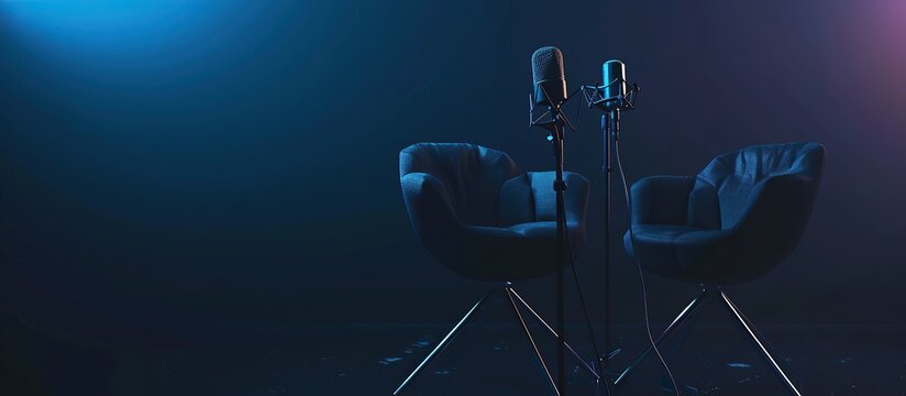 interview room with two chairs and a microphone in a dark room