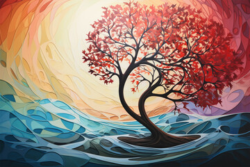 Discover nature's symphony in a vibrant tree painting, featuring delicate colors, harmonious curves, and leafy patterns in dark crimson and light aquamarine hues.