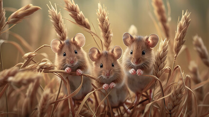 Obraz premium Three little mice sit on ears of millet 