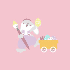 happy easter festival with animal pet bunny rabbit, paintbrush, cart and egg, pastel color, flat vector illustration cartoon character