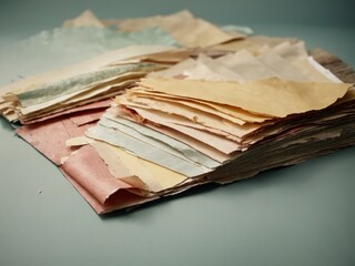 torn paper collection on table. Generative AI