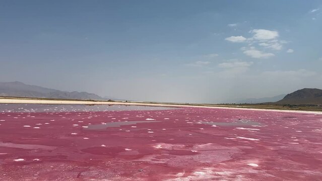 Pink lake salt water scenic landscape of Maharloo flamingo beach in Iran summer season trip to desert wonderful wonders iconic tourist attraction wide view of horizon mountain environment nature algae