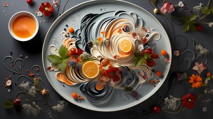 A creative plate mockup displaying an artistic food arrangement that combines culinary expertise with visual flair, set against a modern backdrop