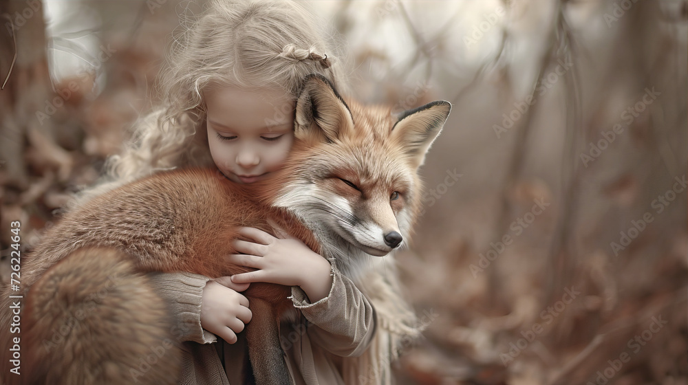 Wall mural Little girl in the forest hugs a fox
