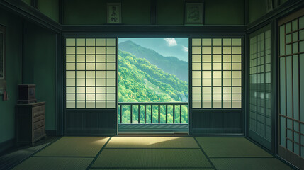 Anime-Styled Background: Traditional Japanese Room with Sliding Doors, Revealing a Serene View of Lush Mountains on a Sunny Day, Creating a Tranquil and Picturesque Atmosphere