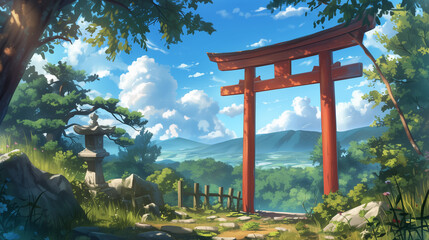 Naklejka premium Anime Background: Japanese Torii Gates in the Foreground, Opening to a Scenic Valley and Majestic Mountains on a Sunlit Day, Conjuring a Tranquil and Ethereal Ambiance