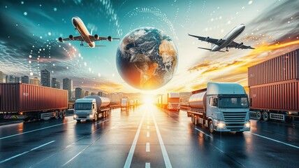 logistics and transportation concept: trucks on the highway and planes in the sky orbiting around a large globe in the center. Global trade activity - obrazy, fototapety, plakaty