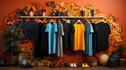 A creative collage of T-shirt mockups with abstract designs, arranged in a visually striking composition against a vibrant backdrop