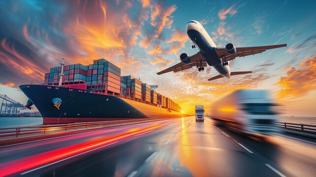 global logistics. multimodal transportation with a cargo ship loaded with containers, a commercial airplane in flight and a truck on a coastal highway