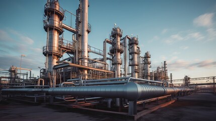 Industrial gas processing plant with pipes, valves, and machinery in a sunny day