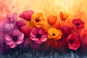 watercolor background blooming flowers seamless pattern.