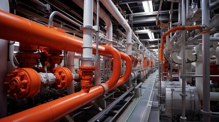 Industrial gas processing plant with pipes, valves, and machinery in a sunny day