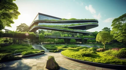 Deurstickers Green office complex with solar panels, wind turbines, and rainwater harvesting system © Ameer