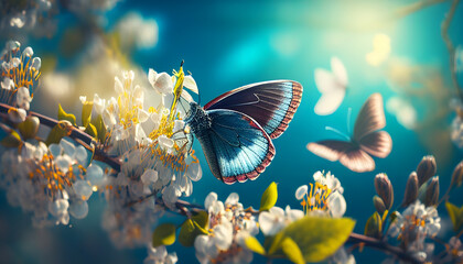Art Beautiful blurred spring background nature with blooming glade, butterfly and blue sky on a sunny day. Generative AI. - obrazy, fototapety, plakaty