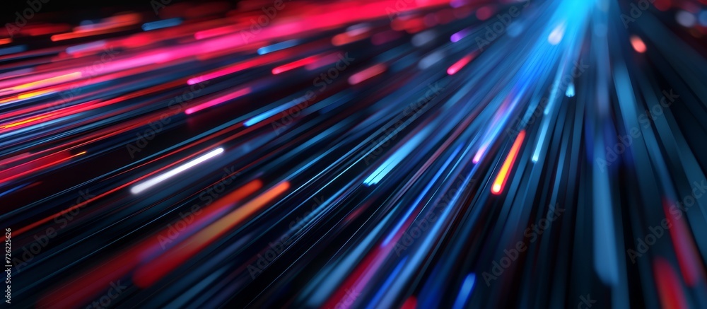 Poster lines of various colors and sizes in motion with dark camera work.