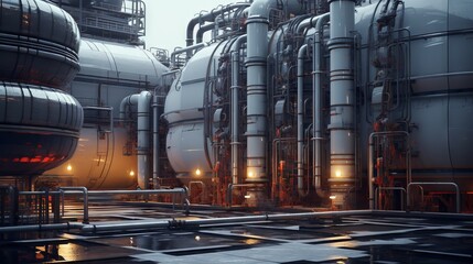 Industrial metal tanks and pipes in a large factory or refinery